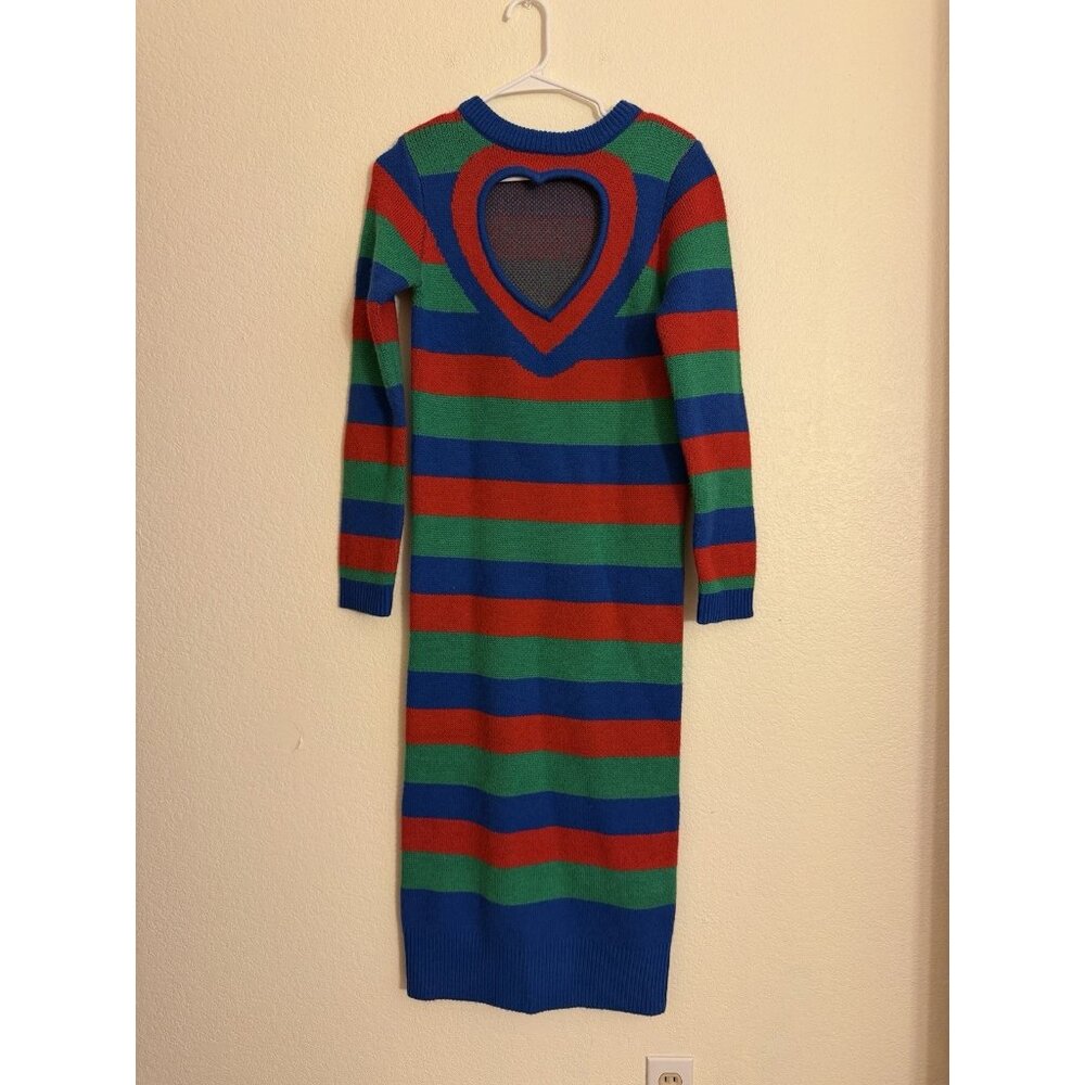 Farm Rio Red Blue Green Small Striped Sweater Dress Heart Cut Out